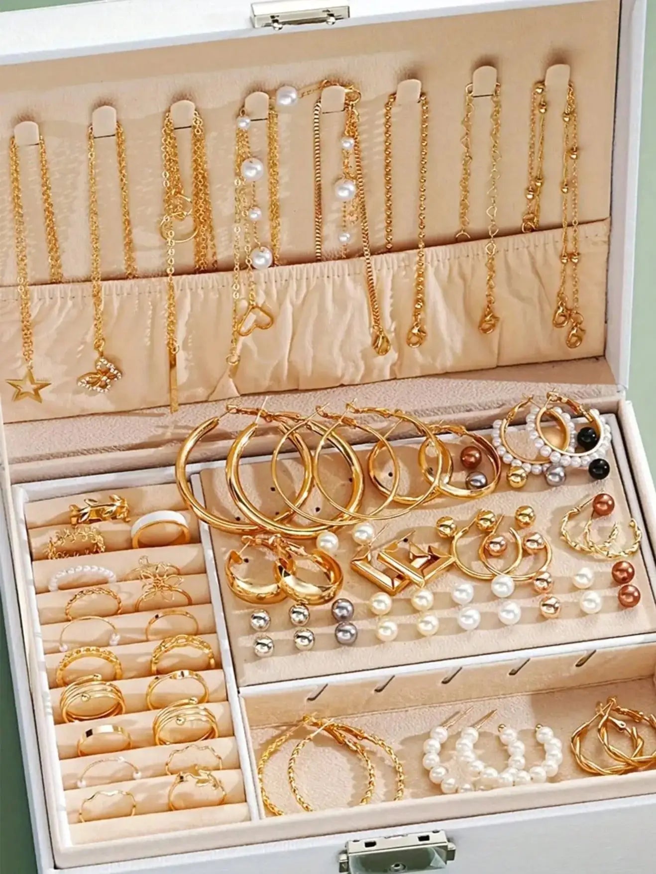 86 piezas/conjunto de pendientes de perlas elegantes, collar multicapa, aretes, anillos, conjunto de joyas 4 en 1 para mujer, uso diario, regalo (sin caja)