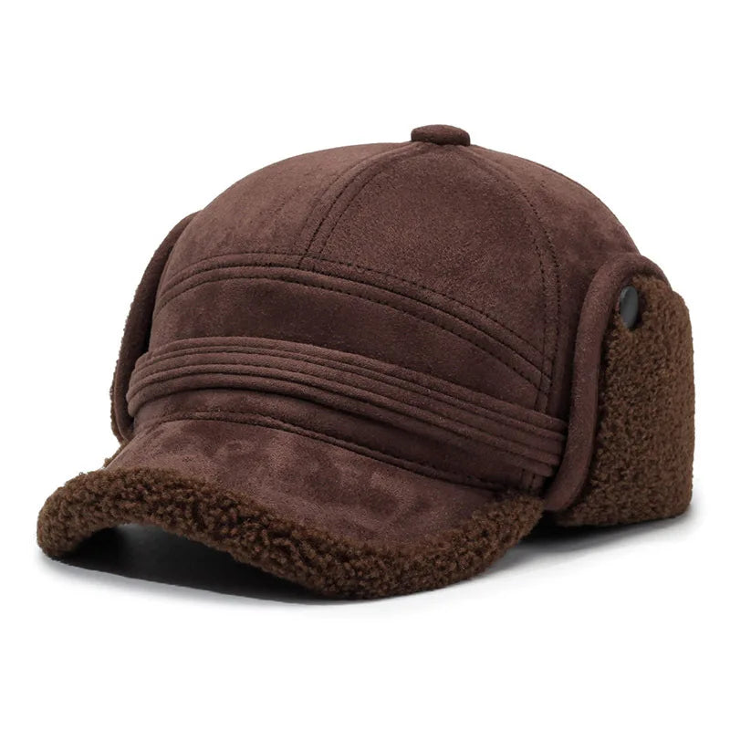 FS Brown Winter Baseball Cap for Men Outdoor Windproof Warm Bomber Hat Vintage Thick Plush Women Earmuff Hats Casquette Homme