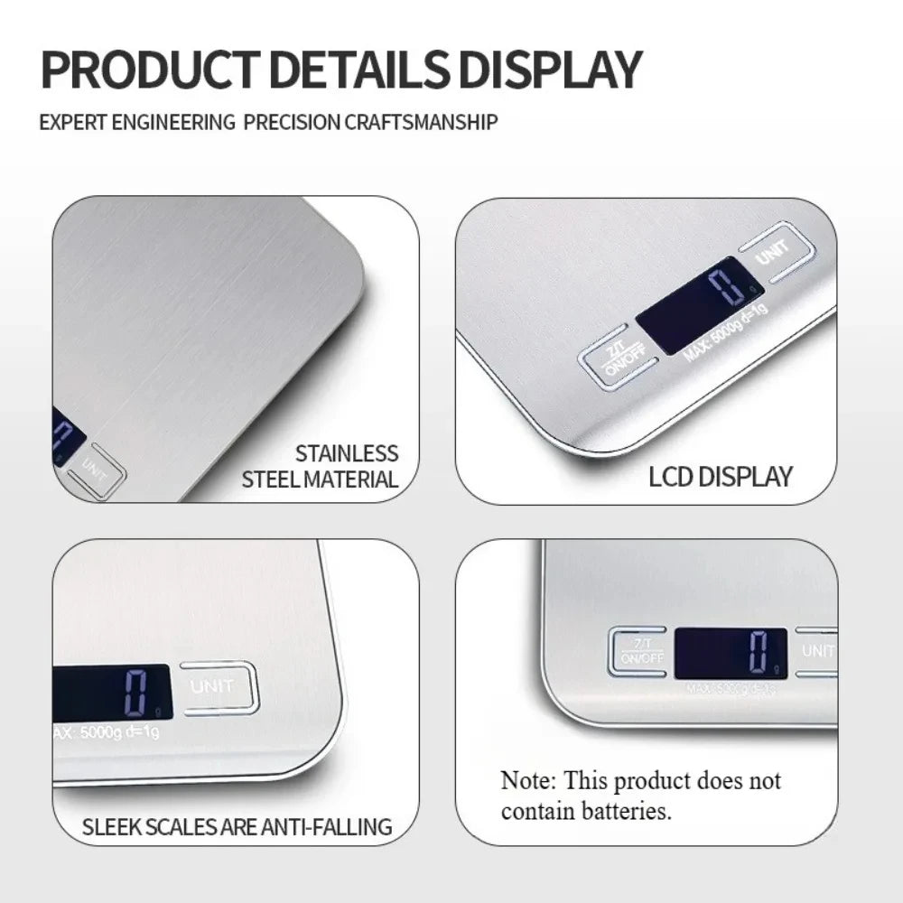 Balanza de cocina digital con pantalla LED de 5 kg/1 g de acero inoxidable, báscula de alimentos electrónica para joyas, aperitivos, hornear, herramientas de cocina