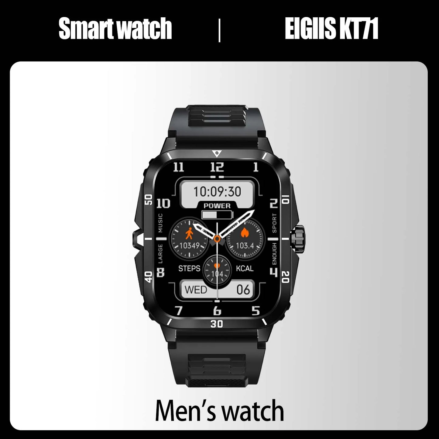 EIGIIS Smart Watch 3ATM Waterproof 1.96" IPS Military Screen KT71 Men's 100+ Sports Mode Heart Rate Blood Pressure Bluetooth Call