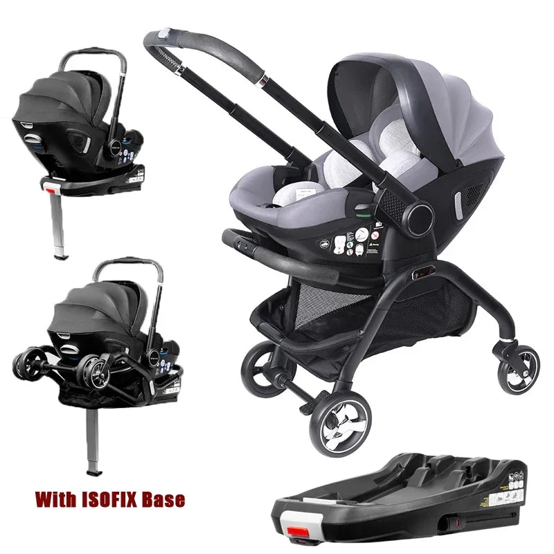 4-in-1 Baby Stroller, Child Car Seat with ISOFIX Base, Portable and Lightweight Luxury Stroller for Newborns