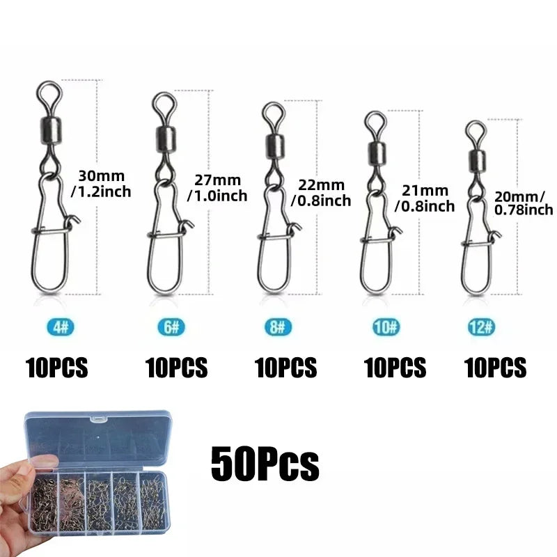 Boutons-pression pivotants de pêche 4 # -12 # Kit de connecteurs Duo-Lock à roulement roulant en acier inoxydable, matériel pour leurre d'eau douce et d'eau salée, 50 à 200 pièces