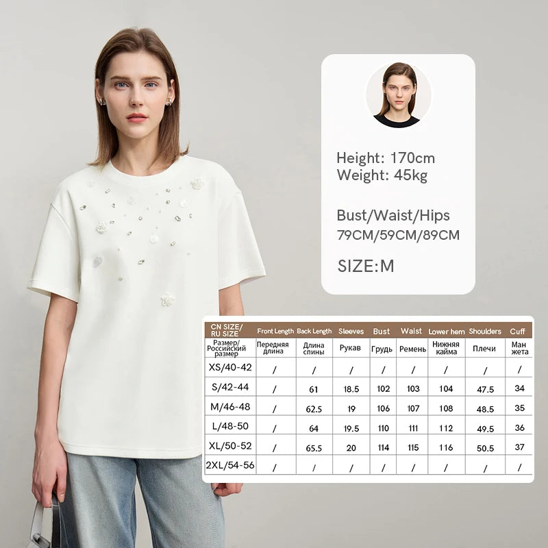 T-shirt femme 2026 — col rond, perle tridimensionnelle, fleur, diamant, tricot, ample