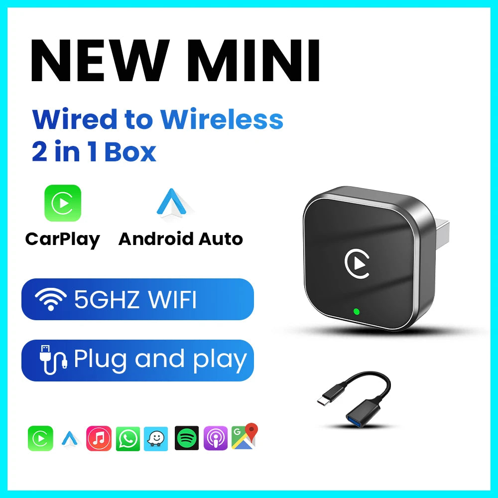 PLAYAIBOX 2-in-1 Wireless CarPlay Android Auto Supermini Box Adapter Plug And Play Bluetooth WiFi Dongle Fast Connection