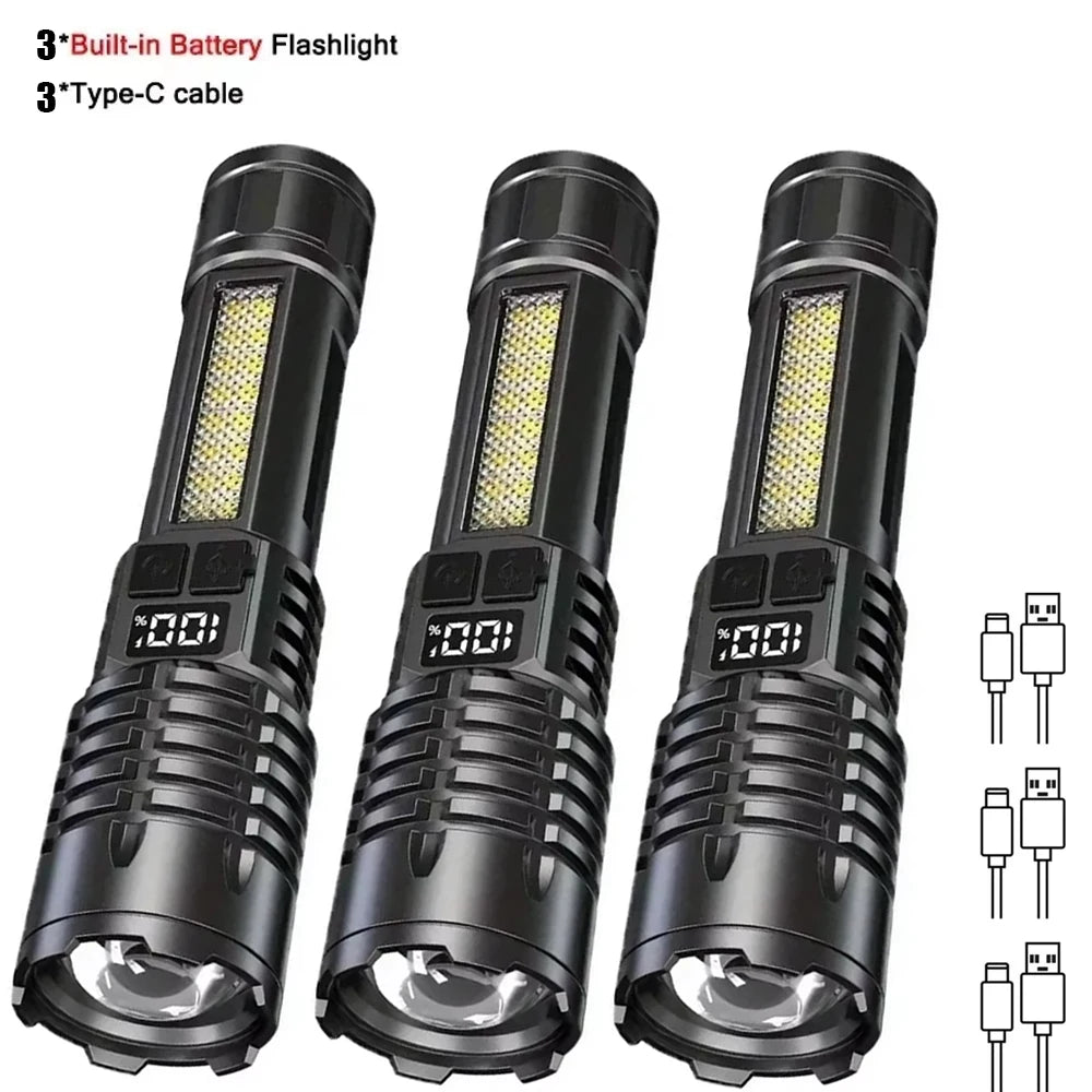 Lampe de poche LED haute puissance, torche étanche rechargeable de Type C avec lumière latérale COB, lampe d'extérieur Portable avec Zoom pour Camping et randonnée