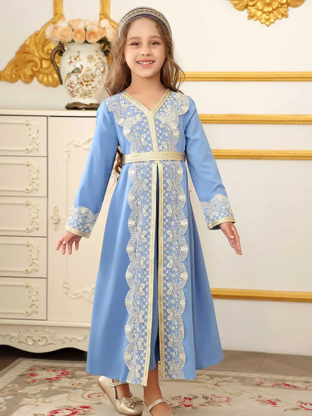Moroccan Middle Eastern Ethnic Lace Dress for Muslim Girls from Dubai, Islamic Wedding Ramadan Festival Costume
