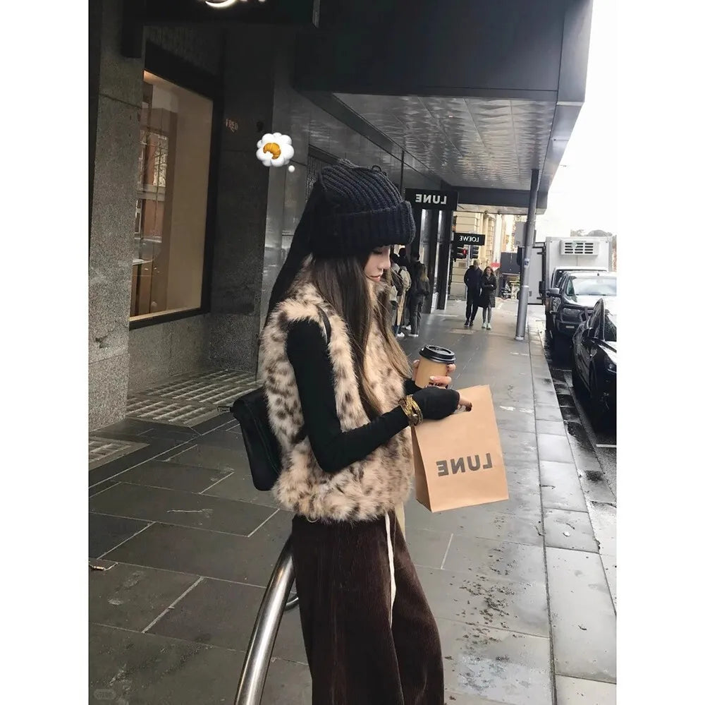 Chaleco de piel sintética con estampado de leopardo para mujer, a la moda, estilo urbano, versátil, para ir al trabajo, cuello alto suave, cómodo, invierno
