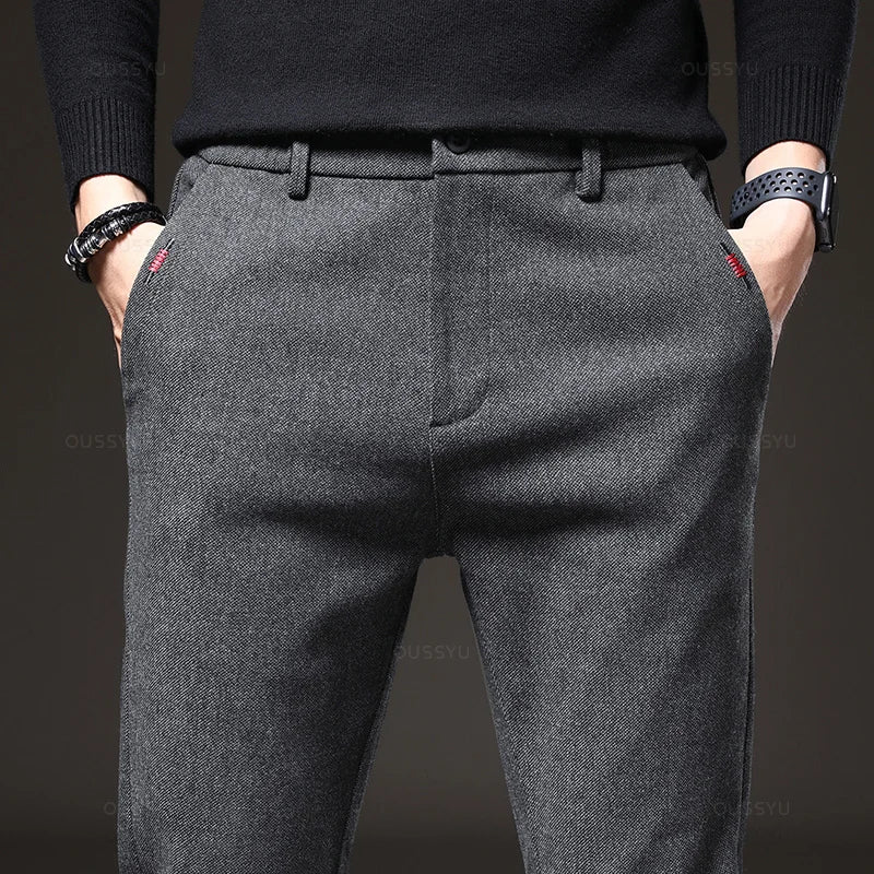 Men's casual slim-fit trousers, elastic waist, stretchy, thick cotton, grey and black, business style, new spring collection