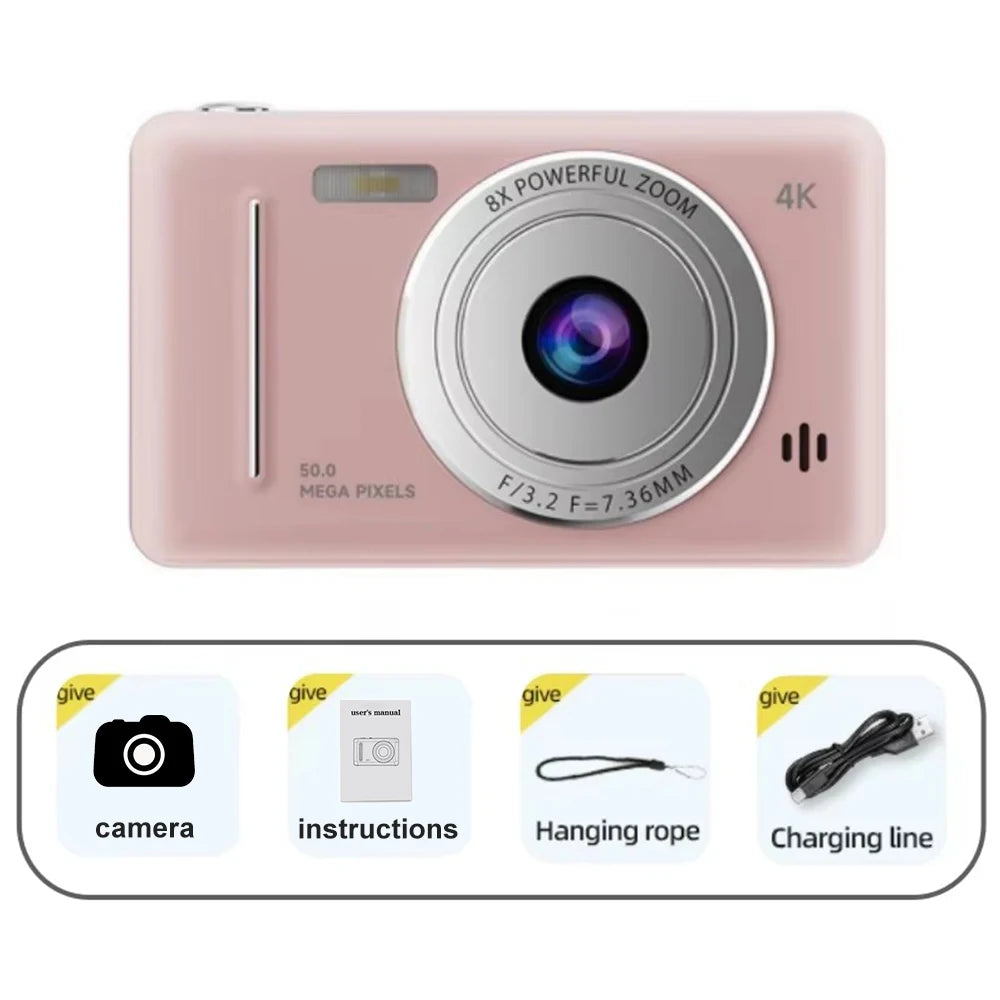 4K Retro CCD Digital Camera, Portable Camera, 50 Million Pixels, Auto Focus, Entry-Level Camera, Dual Camera, LED Flash, Student Camera