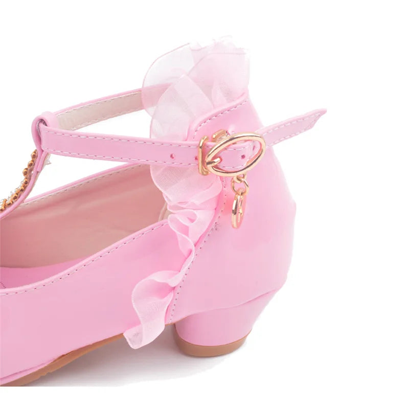 Sandales filles talon haut en cuir rose — boucle, sangle, nœud papillon, taille 26-37, chaussures enfant