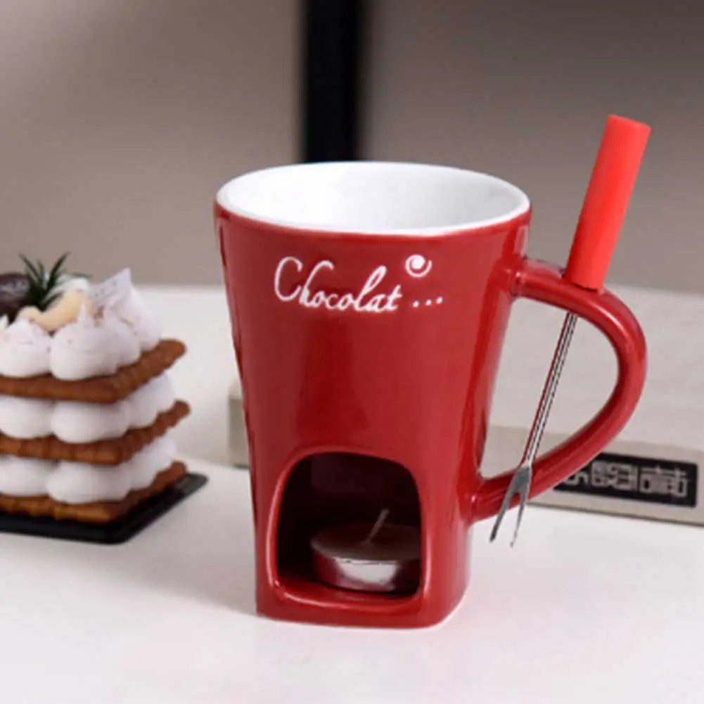 130ml Chocolate Fondue Mug, European Candle, Ceramic Mug, Food Warmer, Cheese, Creative Coffee Mug with Fork, Christmas Party