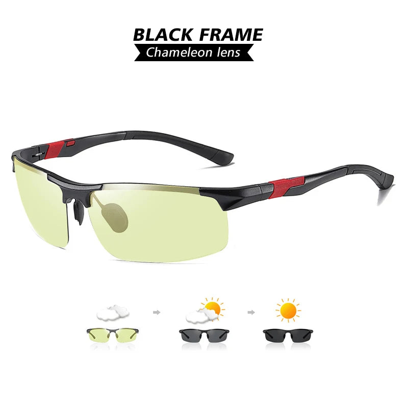 Lunettes de soleil photochromiques sans monture aluminium polarisées — conduite jour et nuit