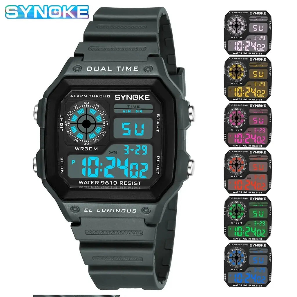 SYNOKE-Relojes digitales impermeables para hombres y mujeres, reloj de pulsera deportivo Shoous, multifunción, para exteriores, para correr, para estudiantes, siete luces