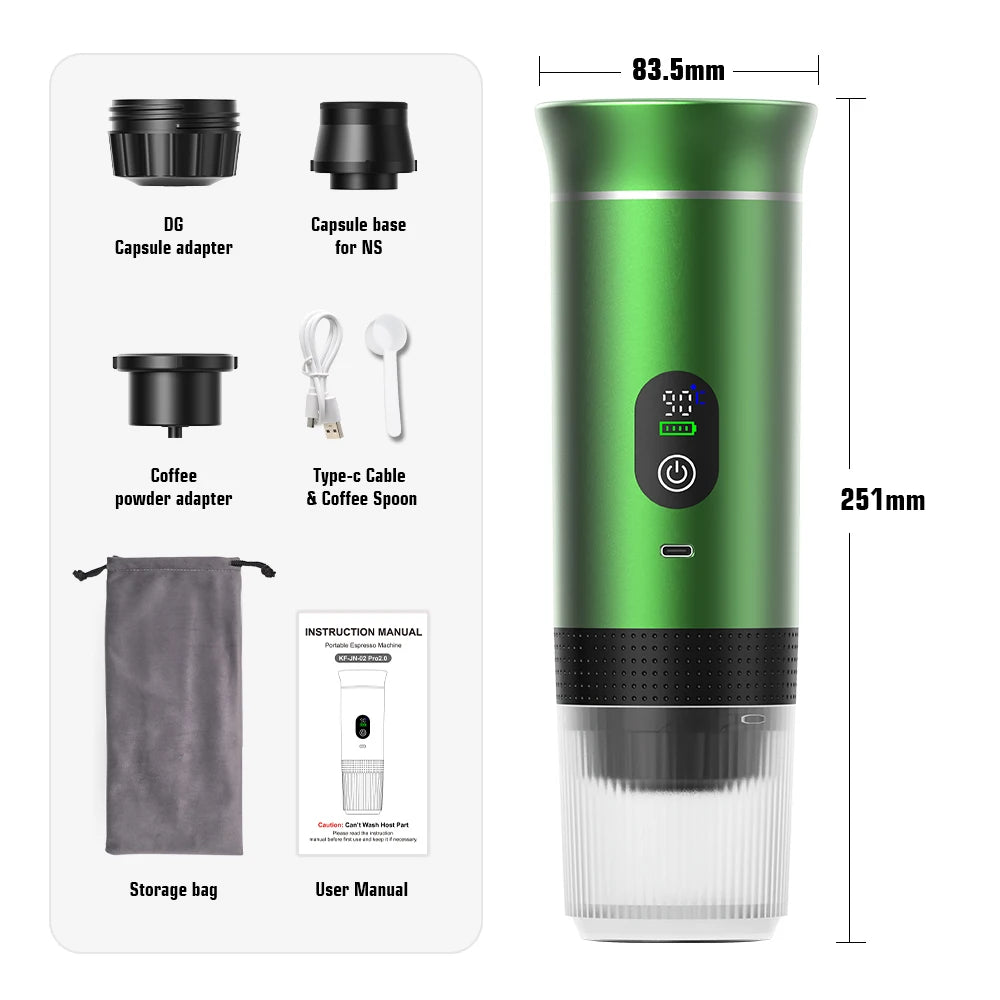 DENOKIN Cordless Portable Espresso Maker for Car and Camping, 80ml Water Tank, Digital Display, 3-in-1 Travel Coffee Maker for Capsules and Powders