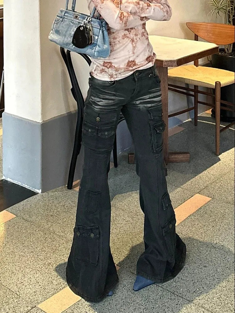 2025 Cyber Y2K Streetwear Vintage Black Slim Flare Cargo Jeans Pants Women's Clothing Multi-Pocket Lady Trousers