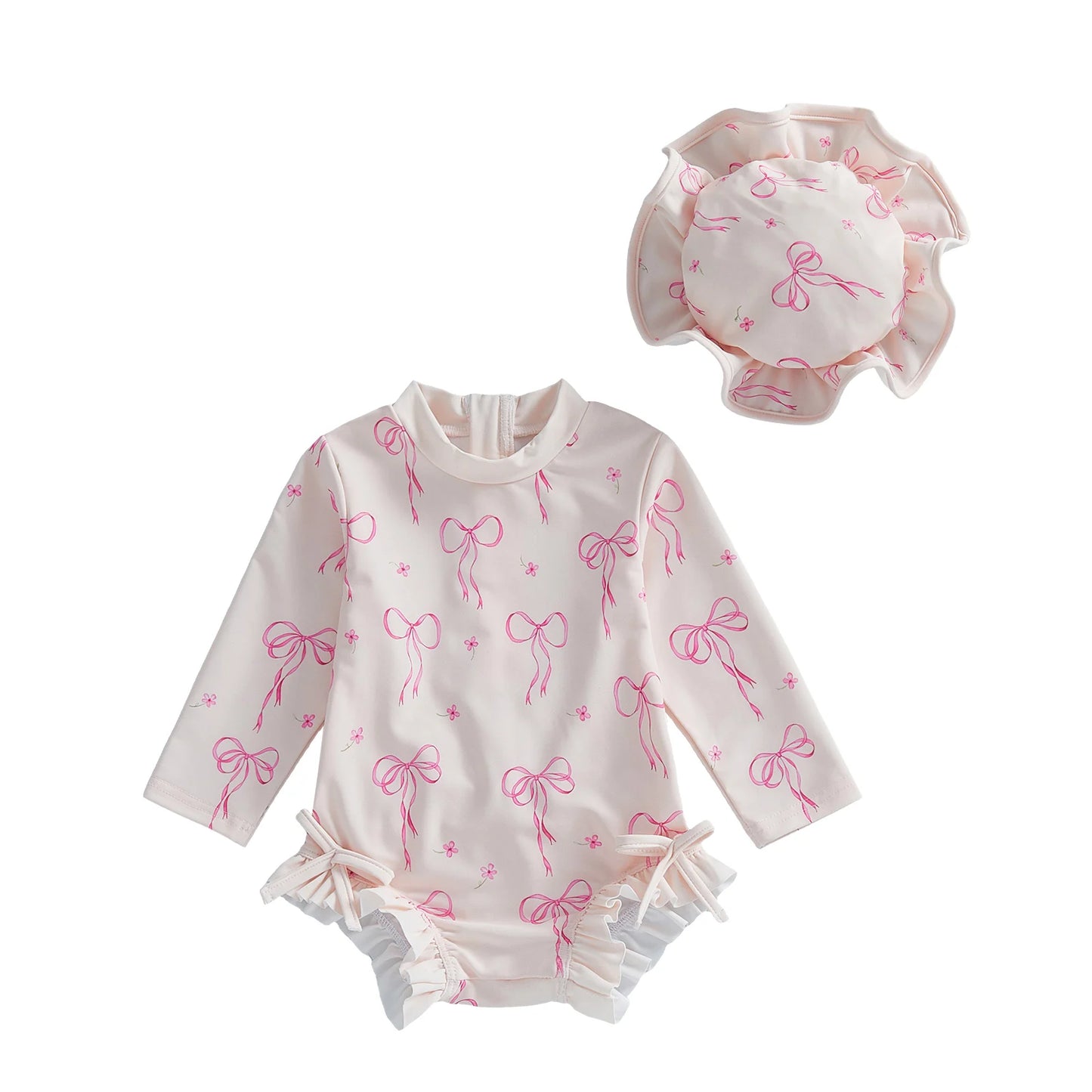 Maillot de bain pour bébé fille, protection contre les éruptions cutanées, imprimé nœud, à volants, manches longues, col rond, vêtements de plage, combinaison et chapeau, ensemble 2 pièces