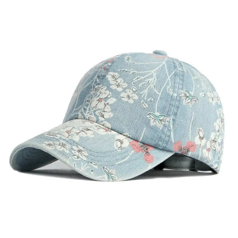 Casquette de baseball en denim à imprimé floral — snapback réglable, extérieur, printemps