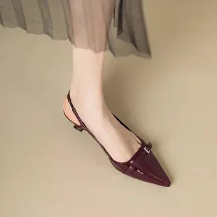 Women's retro-chic sandals in burgundy with pointed toes, single straps and low heels. Women's sandals. Women's summer shoes.