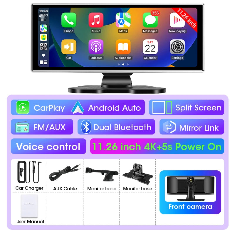 10/11.26 pouces Dash Cam 4K voiture DVR sans fil Carplay et Android Auto GPS Navigation enregistreur vidéo tableau de bord double objectif Wifi FM AUX