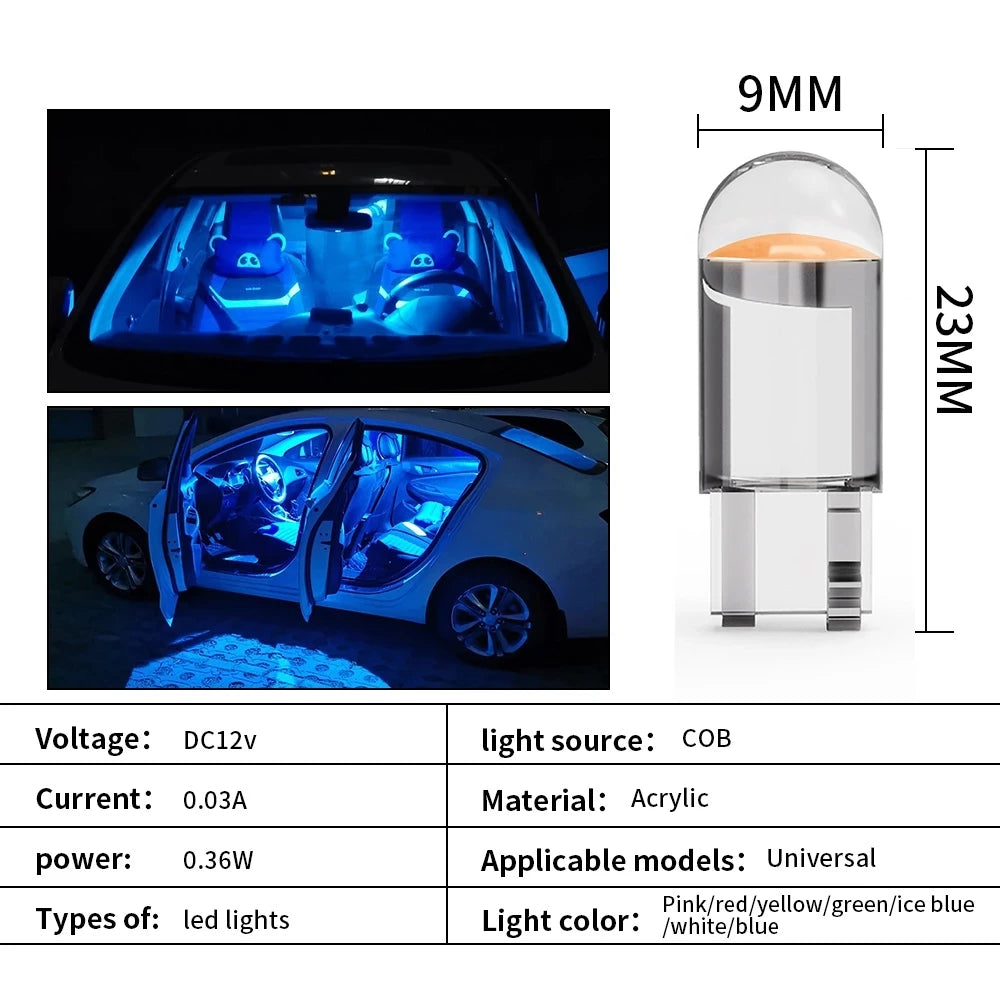 10X nouveau W5W LED T10 voiture lumières COB verre pièces intérieures ampoules blanc glace bleu jaune Auto plaque d'immatriculation lampe dôme lecture lumière 12V