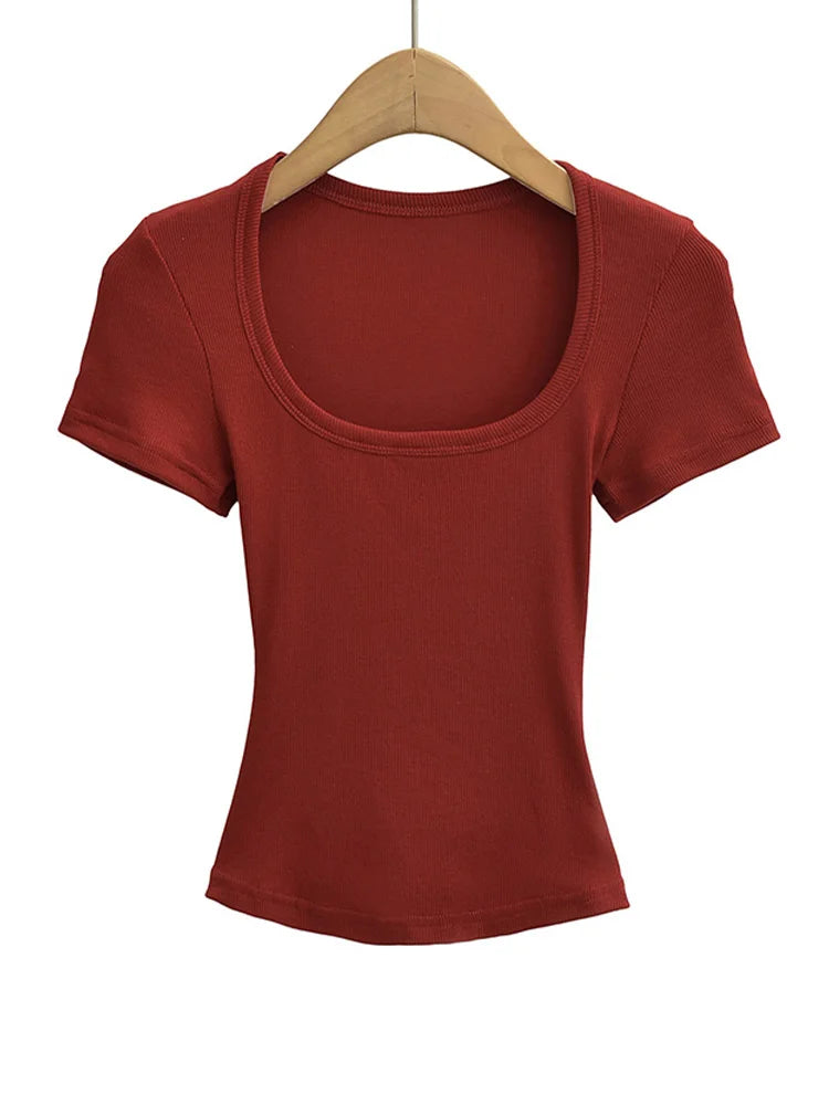 Haut court à col carré pour femmes, coupe cintrée, pull à manches courtes, très extensible, chemisier d'été Sexy, T-shirt pour le fond