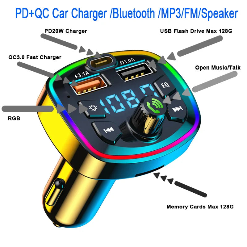 Transmisor FM Bluetooth 5.0 para coche, adaptador inalámbrico, micrófono, receptor de Audio, reproductor MP3 automático, cargador rápido Dual USB de 2.1A, accesorios para coche