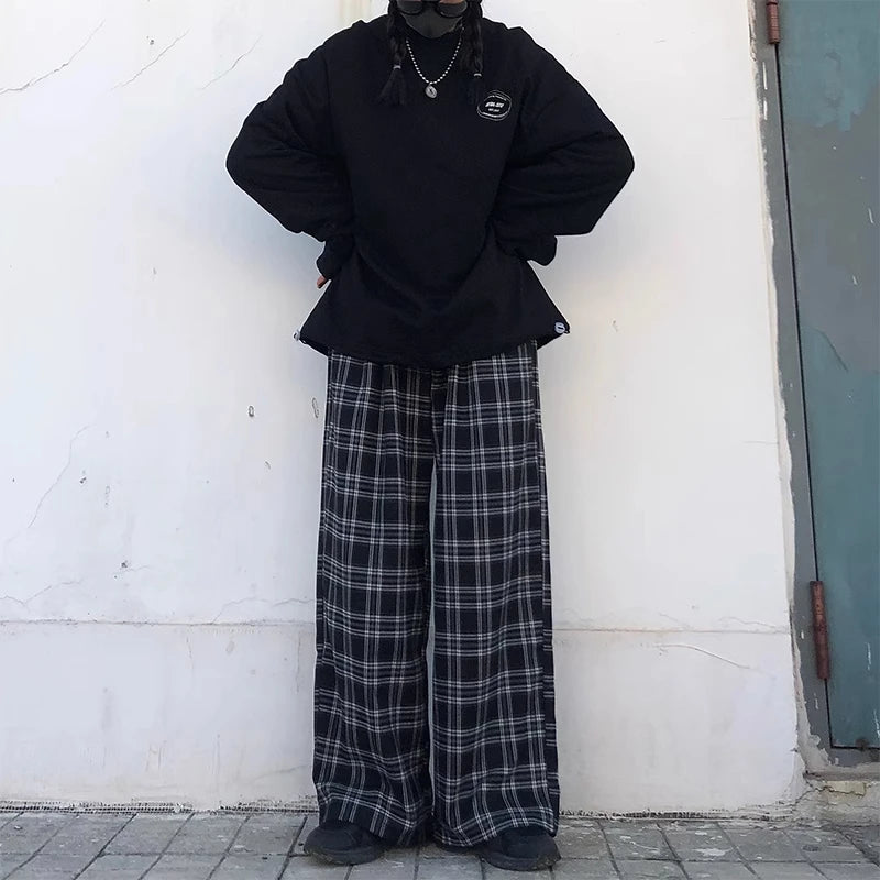 Women's Oversized Trousers Fashion Summer Black Plaid Sweatpants Casual Elastic Waist Pockets Casual Student Unisex Trousers