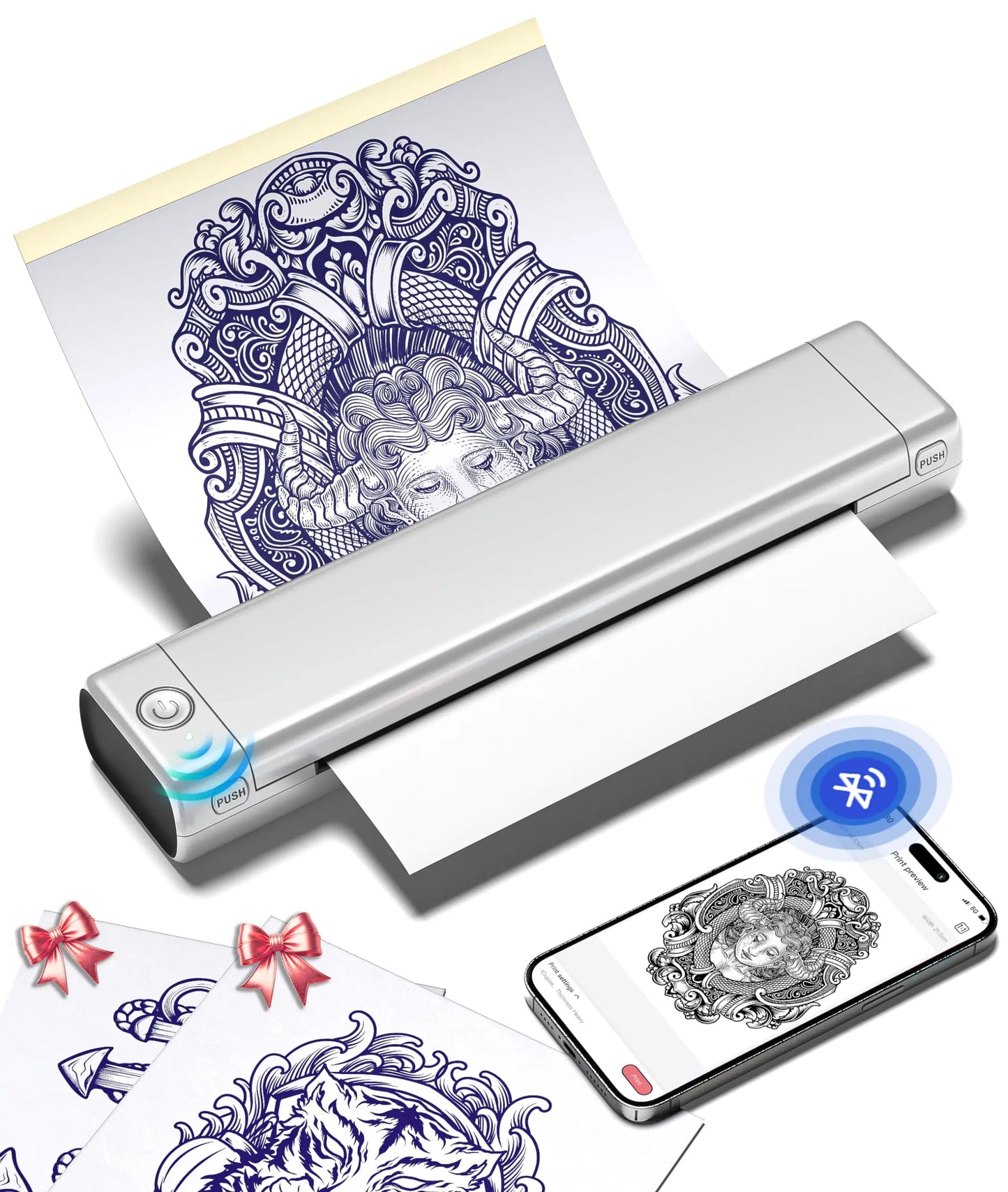 Imprimante de pochoirs de tatouage Bluetooth sans fil — 10 papiers de transfert inclus, artistes et débutants