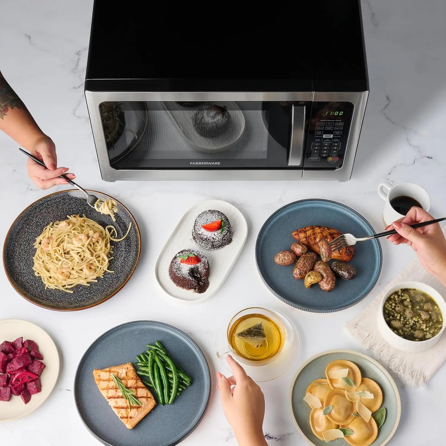 1.2 Cu. Countertop Microwave – 1000 Watts of power, smart automatic cooking settings, defrost, easy cleaning and child lock
