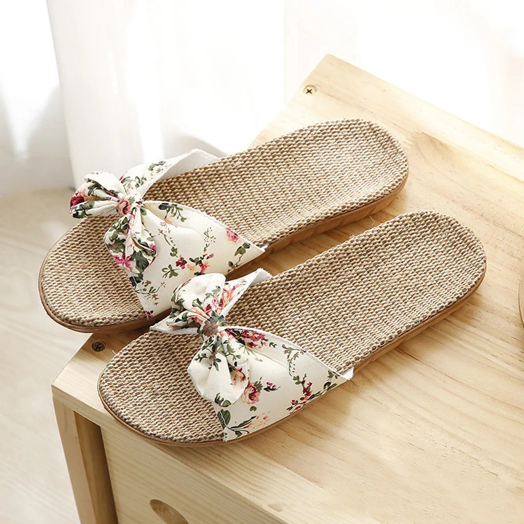 Women's Linen Flip-Flops with Bowknot, Beach Shoes, Slippers