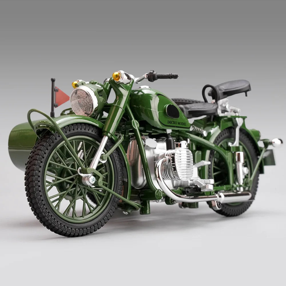 Die-cast 1:10 Sidecar Trike Model Simulation Alloy Sound Light Toy Car Retro Ornaments Collection Miniature Car Boy Gift