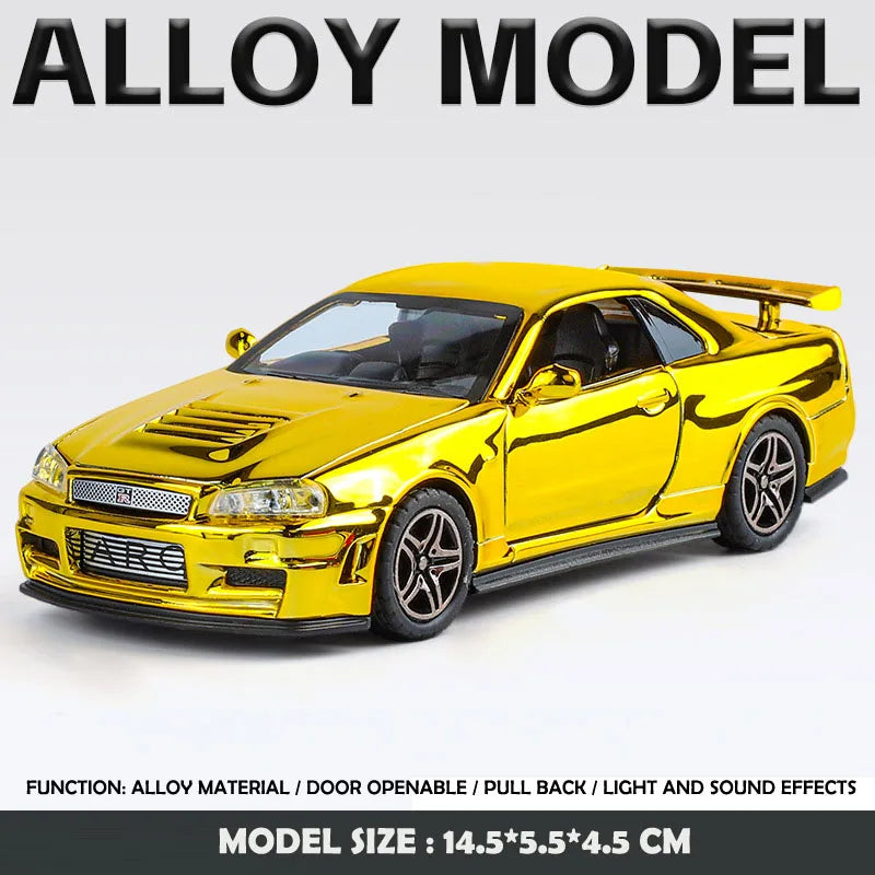 Nissan Skyline GTR-R34 - 1:32 Diecast Galvanized Sport Car Model with Sound and Light, Toy Vehicle Gift for Boys, Miniature Car