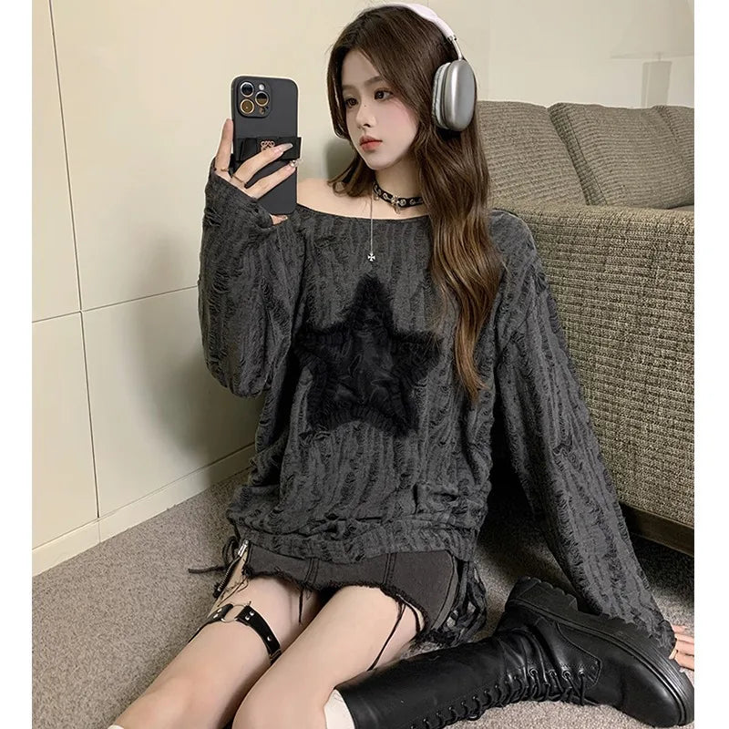 Liquidación_Harajuku Camisetas tops de moda estrella ahuecada manga larga coreana Kawaii Ropa Mujer Casual Y2k Camiseta ropa