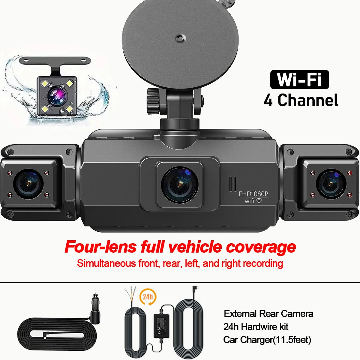 Dashcam 4 Canaux WiFi 360° — Stationnement 24H Intérieur Avant Arrière