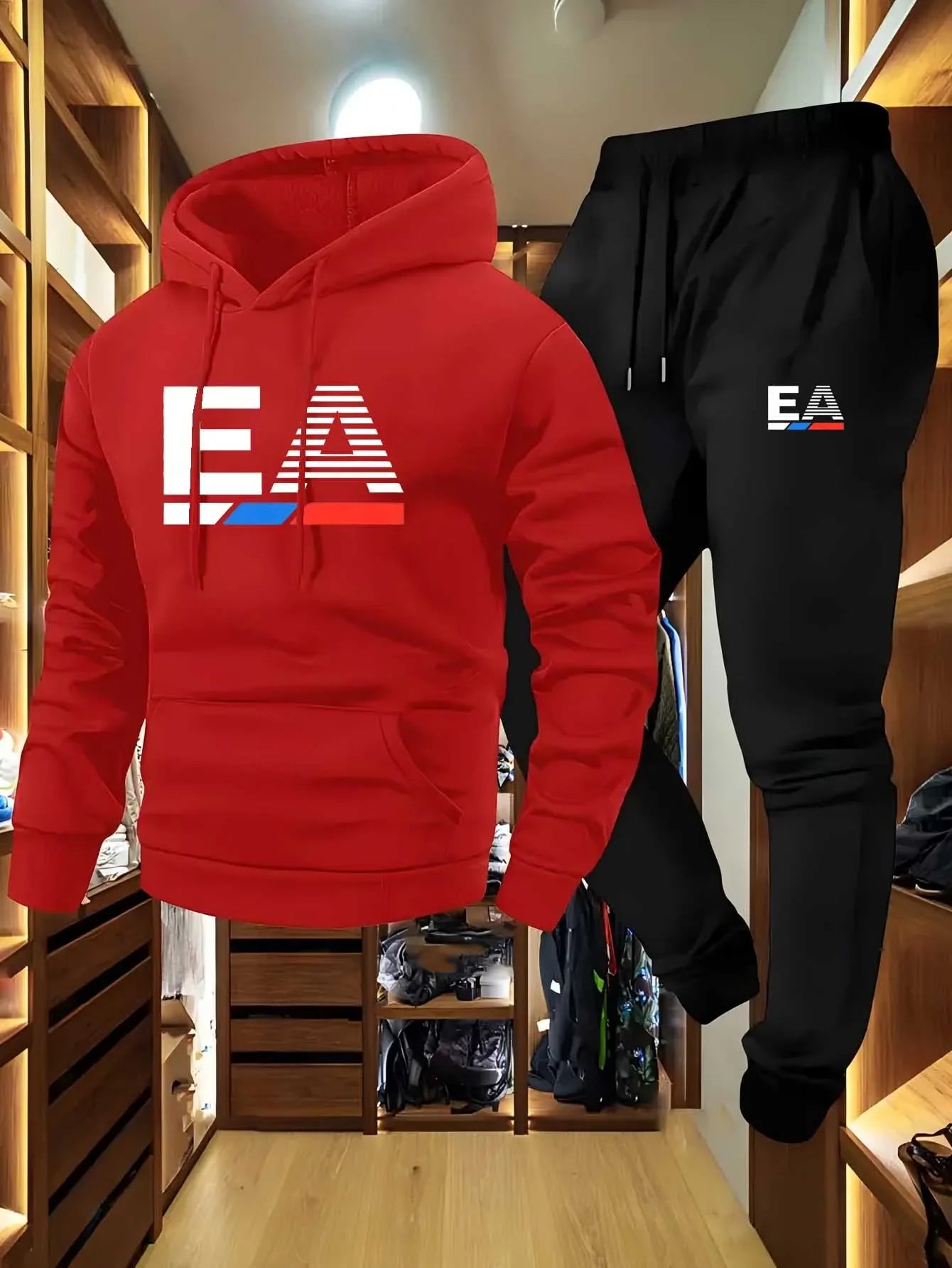 Conjunto deportivo de dos piezas para hombre, sudadera con capucha y pantalón, logo gris y negro, corte regular no elástico con bolsillos