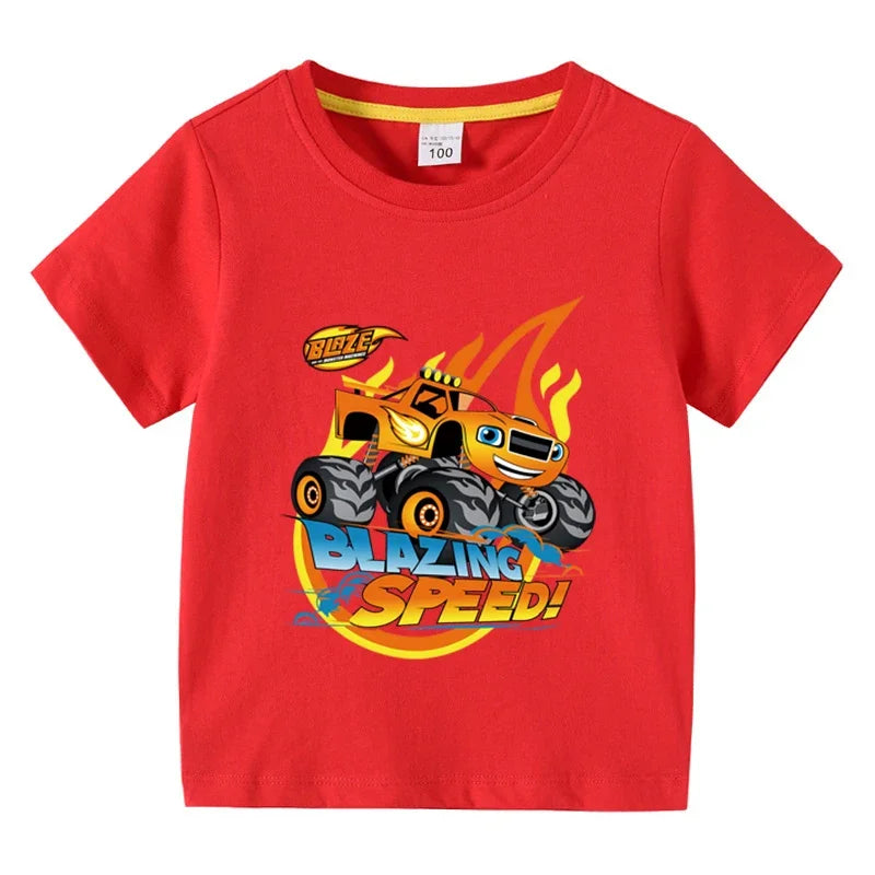 T-shirt à manches courtes en coton pour enfants — impression dessin animé camion monstre