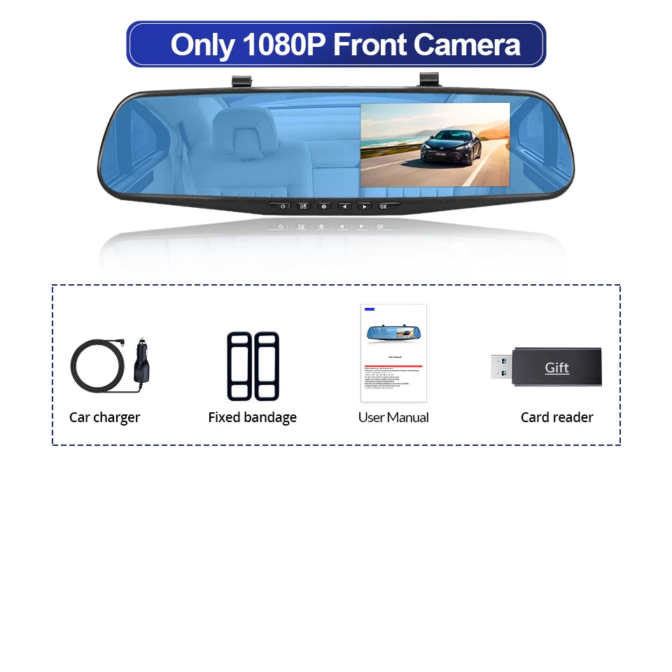 Dashcam Rétroviseur 4,3" FHD 1080P — Double Objectif DVR Enregistreur Voiture