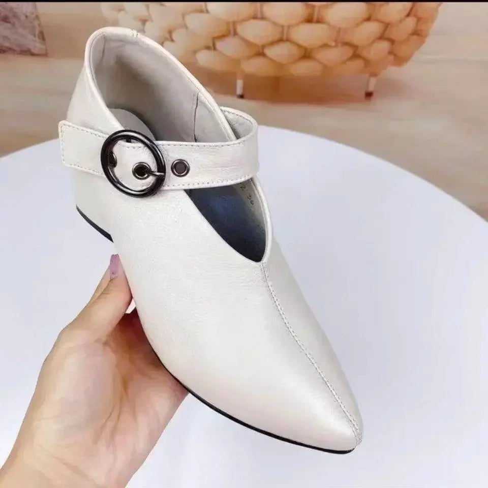 Women's Pointed Toe Block Heel Shoes, Retro Belt Buckle High Heels, Black, New 2024 Collection
