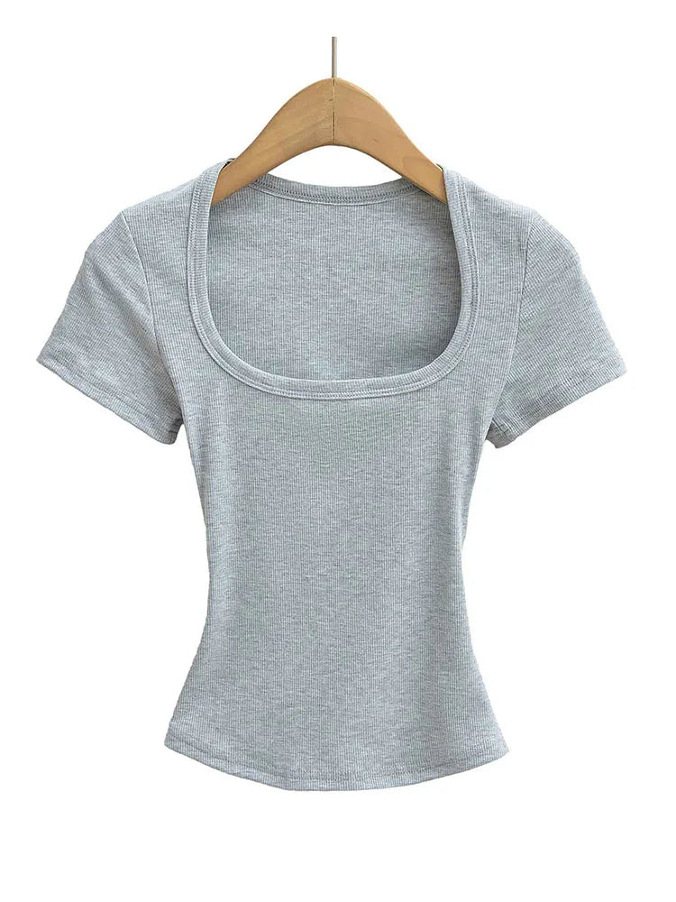 Top corto de cuello cuadrado para mujer, ajustado, jersey de manga corta, muy elástico, blusa de verano sexy, camiseta de fondo