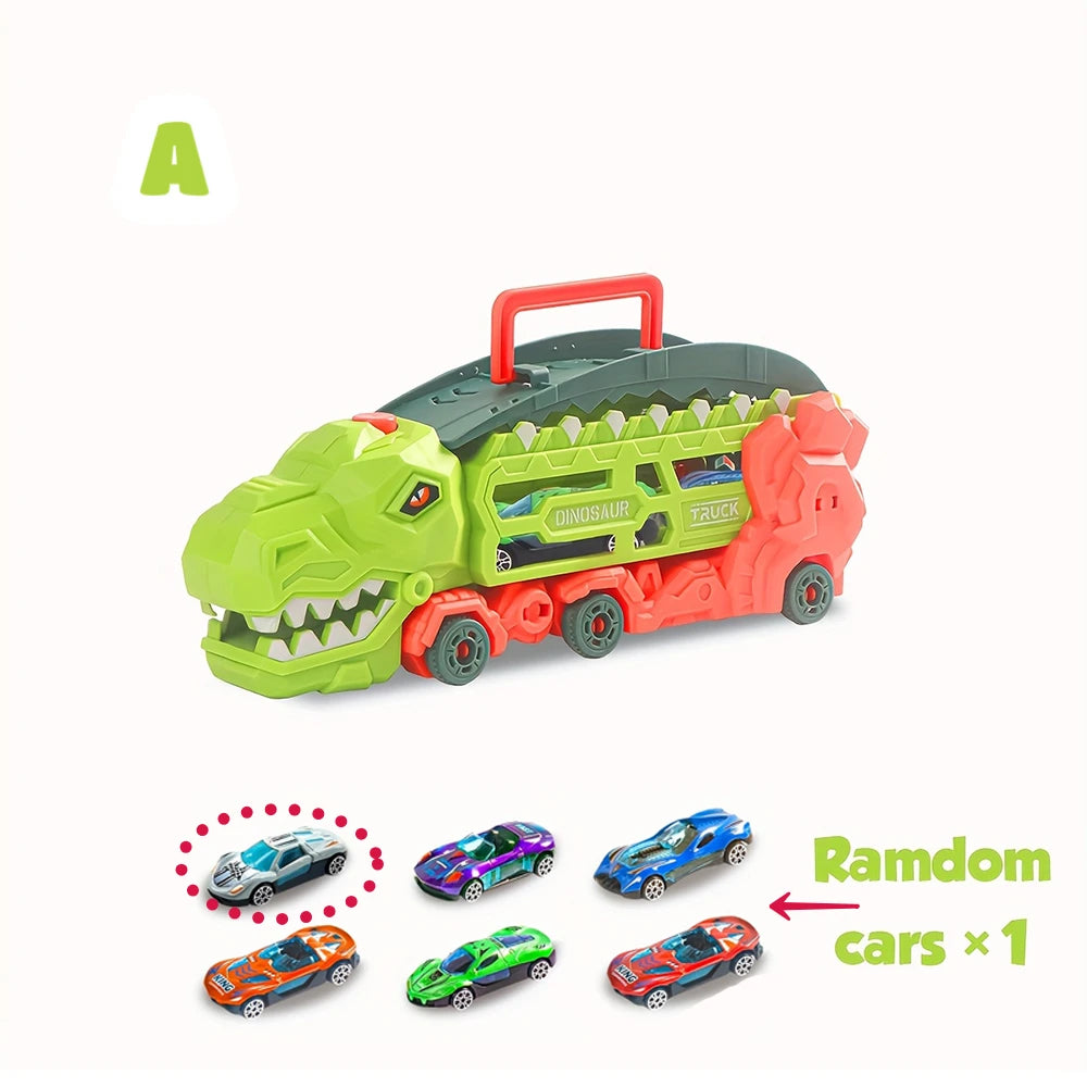 Camión dinosaurio de transporte con pista de carreras deslizante y plegable, se transforma en T-Rex y triciclo de pie, el mejor regalo de cumpleaños para niños