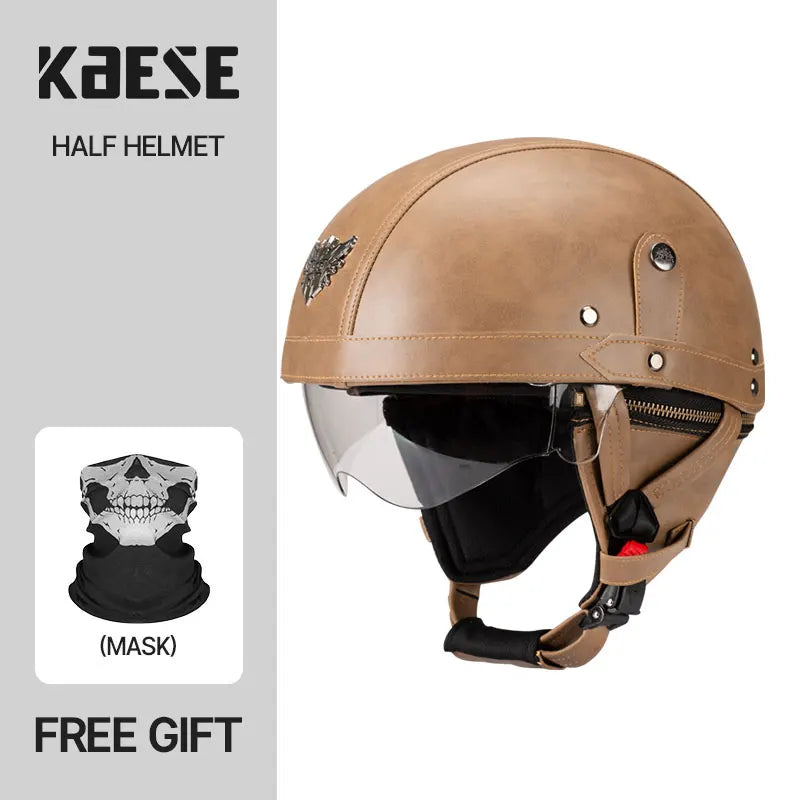Casque Moto Demi-Visage Vintage DOT — Homme Femme Scooter Été Noir Marron