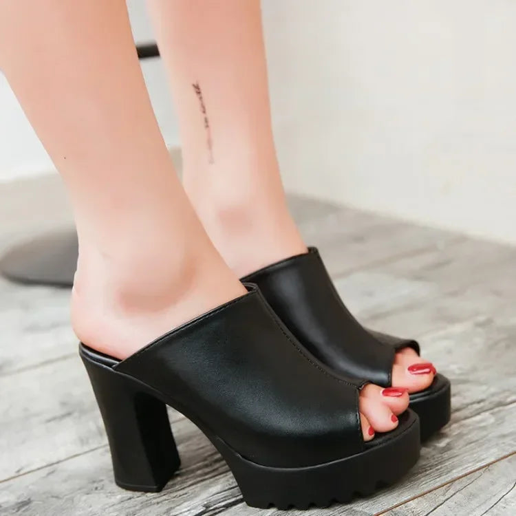 Women's High Thick Heel Mule Shoes, Casual Open Toe Platform Sandals, Leisure, Peep Toe, 10cm, Summer