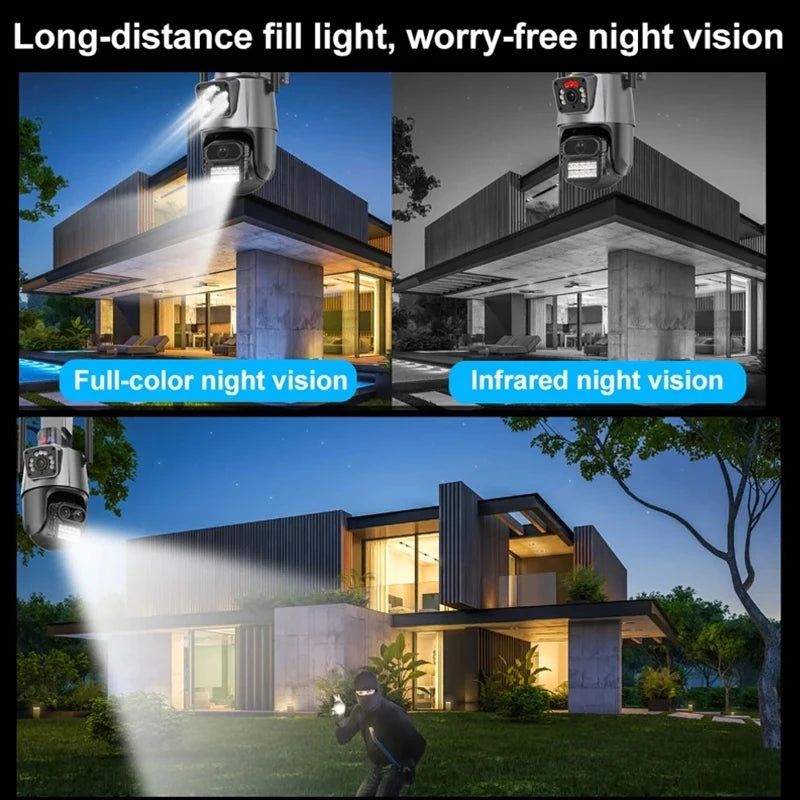 Outdoor WiFi PTZ Camera 4K 8MP HD Dual Lens Dual Screen AI Camera Auto Tracking 4MP Video Surveillance Police Light Alarm iCSee