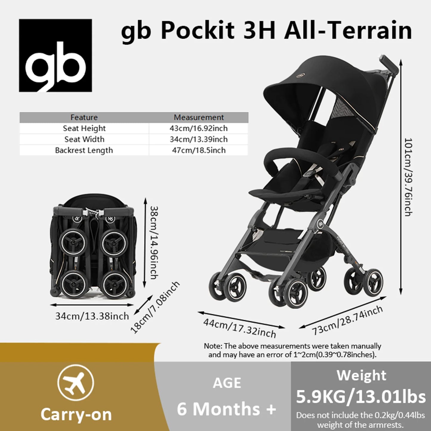 Poussette Compacte Tout-Terrain Légère — Accoudoir Inclus Voyage Bébés Tout-Petits