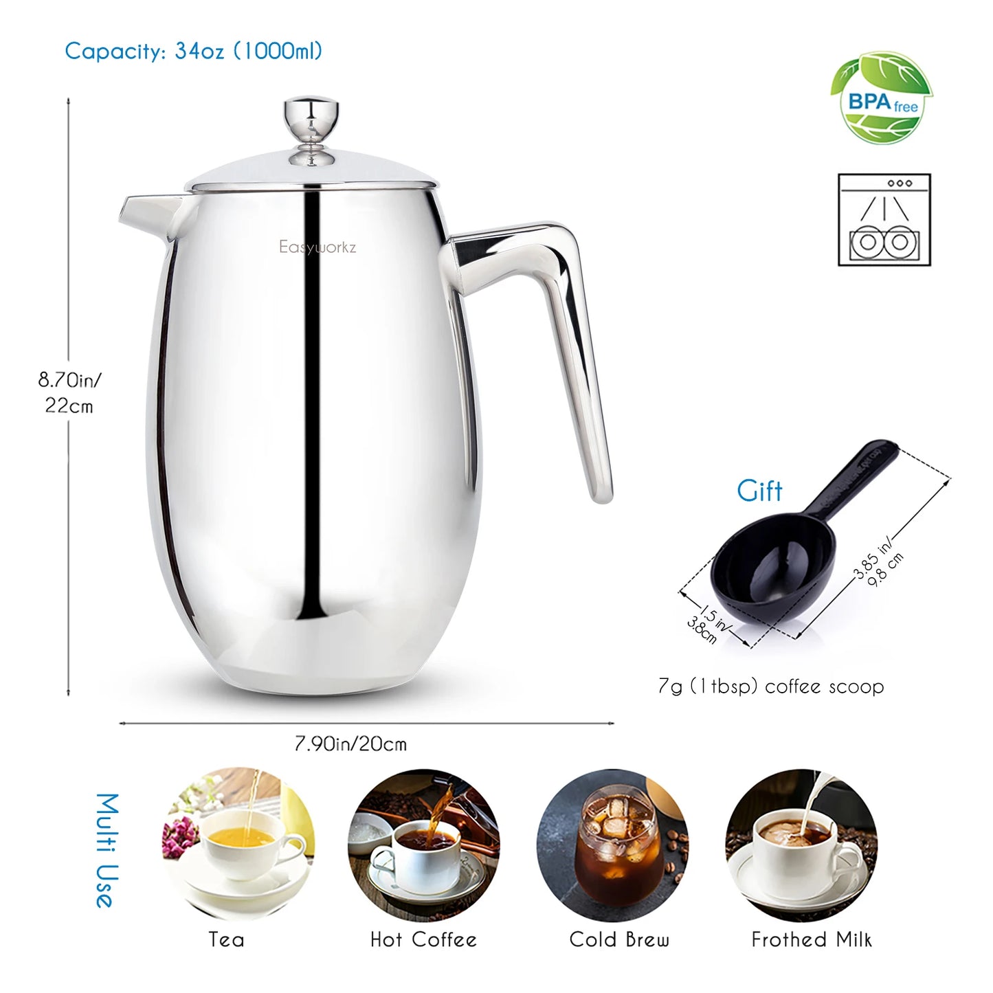 Easyworkz Nando Prensa francesa Cafetera térmica aislada de doble pared Cafetera de acero inoxidable 304