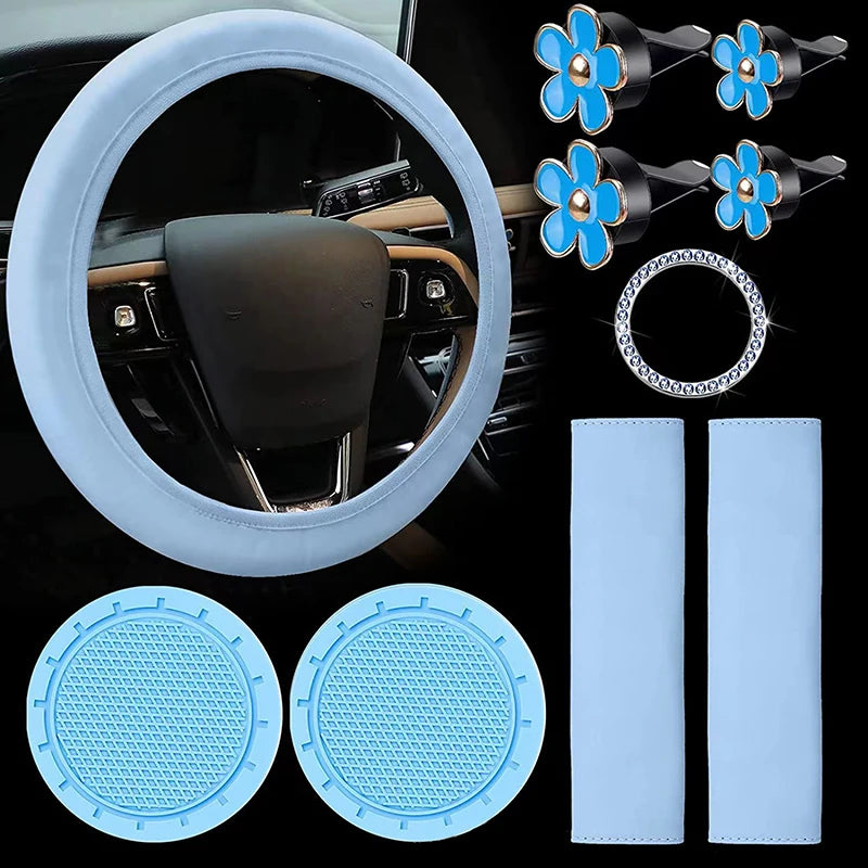 10Pcs Women Leather Steering Wheel Cover Cute Car Accessories Set with Seatbelt Shoulder Pads Cup Holders Car Decorations