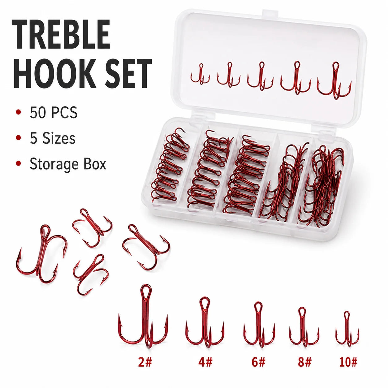 Ensemble de 50 hameçons triples rouges avec boîte de rangement, 5 tailles 2 #   4 #   Assortiment d'hameçons de pêche 6 8 10 pour leurres et kit de remplacement de matériel de pêche