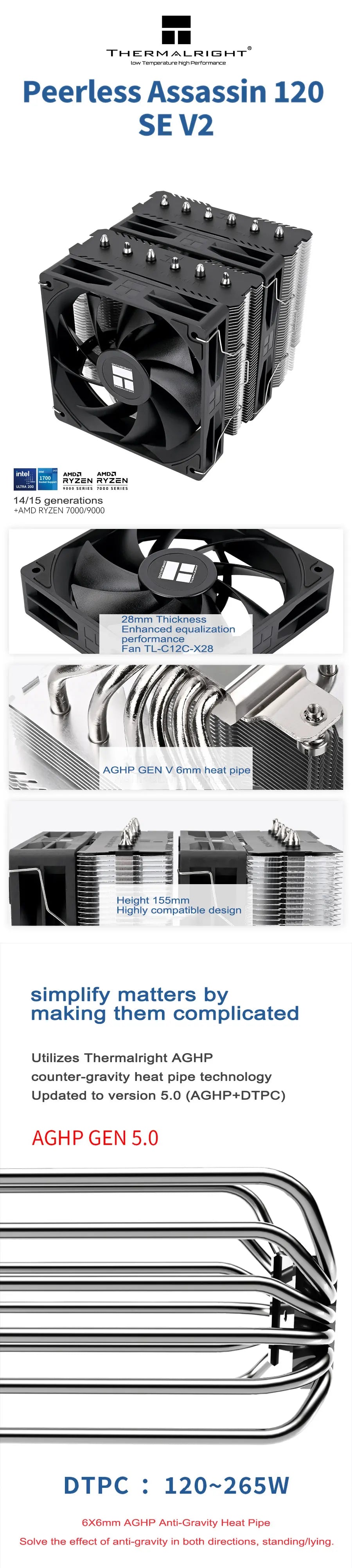 Thermalright Peerless Assassin 120 SE V2 radiateur de refroidissement par air pour boîtier d'ordinateur, prise en charge LGA1851/1700/AM5/AM4 avec ventilateur 120x120x28mm