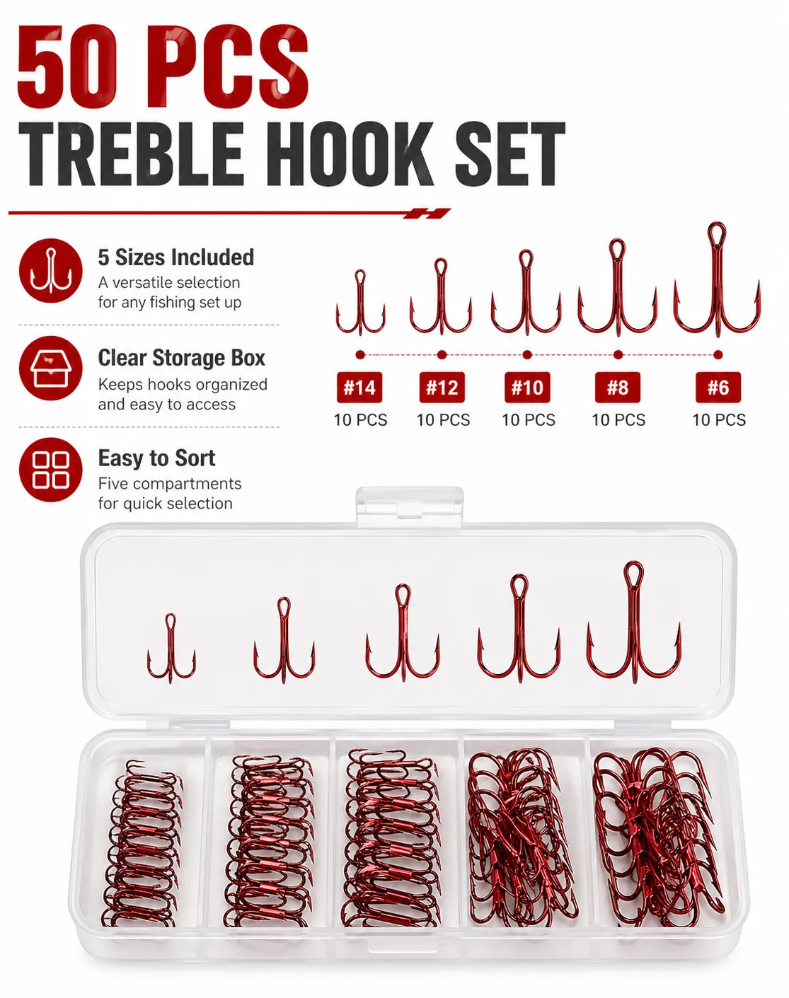 Ensemble de 50 hameçons triples rouges avec boîte de rangement, 5 tailles 2 #   4 #   Assortiment d'hameçons de pêche 6 8 10 pour leurres et kit de remplacement de matériel de pêche