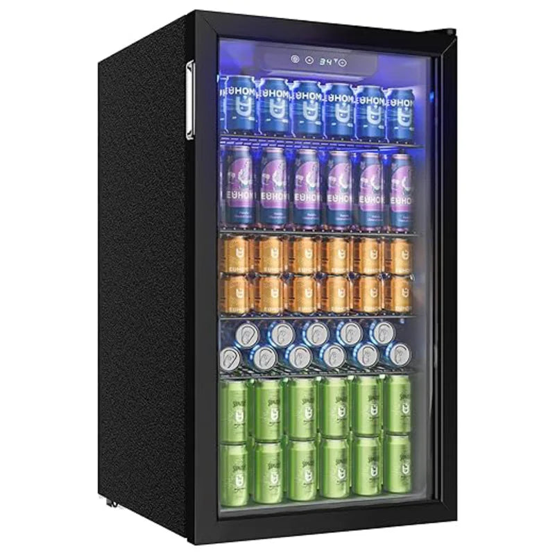 Réfrigérateur à boissons avec porte vitrée pour 126 canettes, étagères réglables, bière/vin, maison/Bar/bureau, acier inoxydable noir